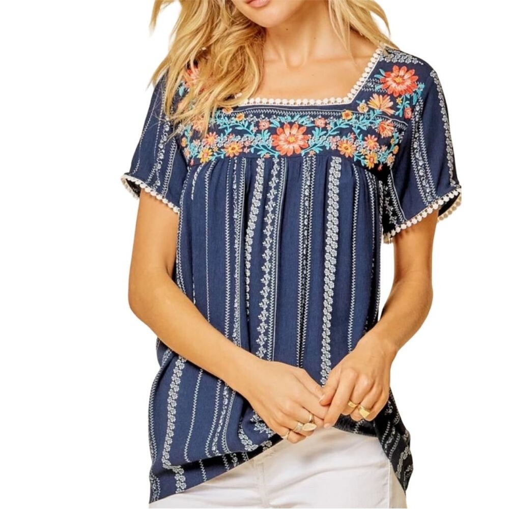 Savanna Jane Blue and White Flutter Sleeve Embellished Blouse